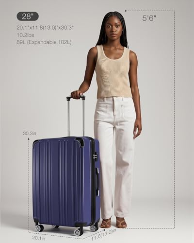 Coolife Luggage, Suitcase with Durable and Lightweight, Large Checked Luggage with PC+ABS Hardshell Expandable, Dual Spinner Wheels, TSA Lock, and YKK Zipper(navy new, L(28in))