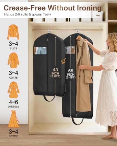 MISSLO 43"+65" Garment Bags for Travel 2 Packs Gown Dress Bag for Hanging Clothes with Suit Bags for Closet Storage Waterproof Garment Covers Long Wedding Dress Storage, Black