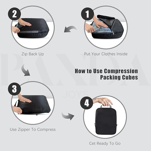 PANDA JOYS 4 Set Compression Packing Cubes Travel - Travel Accessories Expandable Packing Organizers for Carry On - Essentials Luggage Bags - Black