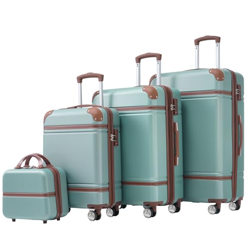 Merax 20”+24”+28” Luggage and Cosmetic Set of 4, Hard Shell Luggage Sets with Double Spinner Wheels and TSA Lock, 4 Piece Lightweight Suitcase Set, Green
