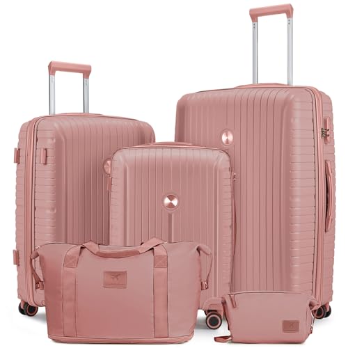 Joyway Luggage Sets 5 Piece PP Hardshell Carry on Suitcase, Travel Lightweight Carry-on with Double Spinner Wheels and TSA Lock, Rose Gold