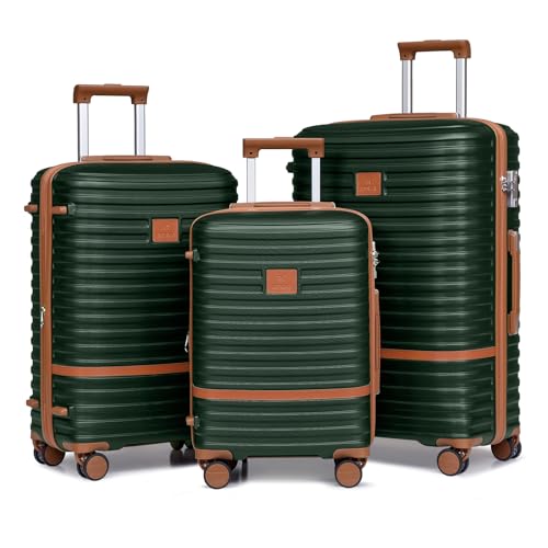 Joyway Luggage Set 3 Piece Suitcase Sets with Spinner Wheel,Hardside Expandable Travel Laggage with TSA Lock (20/24/28 Green brown