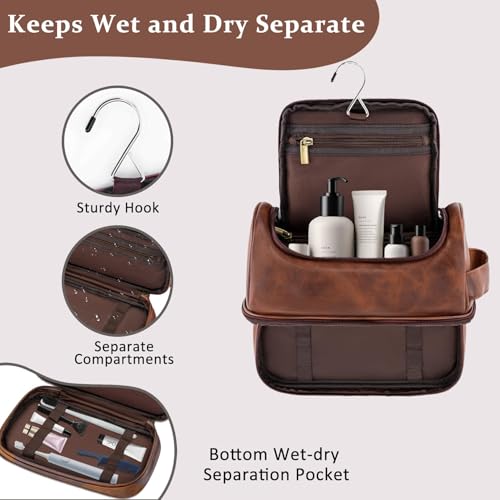 Aganmi Personalized Christmas Birthday Gifts Toiletry Bag for Men Dad Husband, Custom Initial PU Leather Waterproof Toiletry Organizer Dopp Kit Shaving Bag Travel Essential for Men, Reddish Brown J