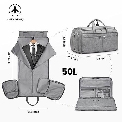 S-ZONE 50L Convertible Travel Garment Bag Carry on Garment Duffel Bag for Men Women 2 in 1 Hanging Suitcase Suit Business Travel Bag, Grey, Travel Garment Bag