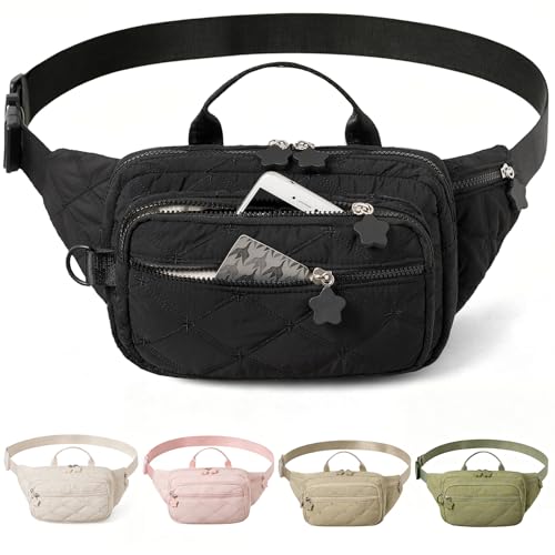 Quilted Fanny Pack for Women, Lightweight Puffy Crossbody Sling Belt Bag with Adjustable Strap, Multi-Pocket Dual Zipper Waist Purse for Travel Running Casual Daily Use (Black)