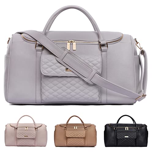 Monaco Travel Duffel Bag by Luli Bebe - Womens Designer Vegan Leather Weekender Bag, Top Carry on Luggage (Stone Grey)