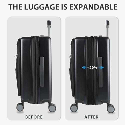 KROSER Hardside Expandable Carry On Luggage 22x14x9 Airline Approved With Front Business Pockets, 20 Inch Suitcases with Wheels, Carry on Suitcase with TSA Lock & USB Port, Black