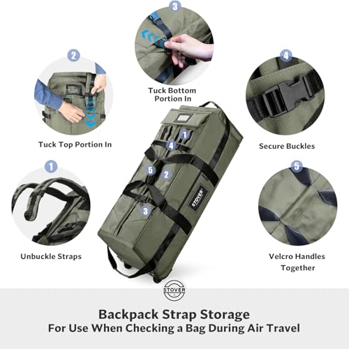 STOVER 45/80/100L Rolling Duffel Bag with Wheels, X-Large Durable Travel Duffle + Toiletry Bag, Heavy Duty, Packable with Shoulder Straps- Use as Luggage or Backpack, Men/Women (Green)