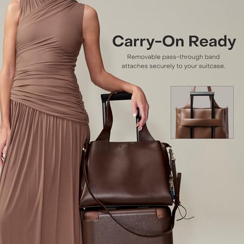 July Juliette Soft Work Tote - Tote Bag for Women with Laptop Sleeve, Detachable Crossbody Strap, Pass-Through Band, Drink Bottle Holder, Modern Tote Bag for Work & Travel, 18L - Chocolate Brown