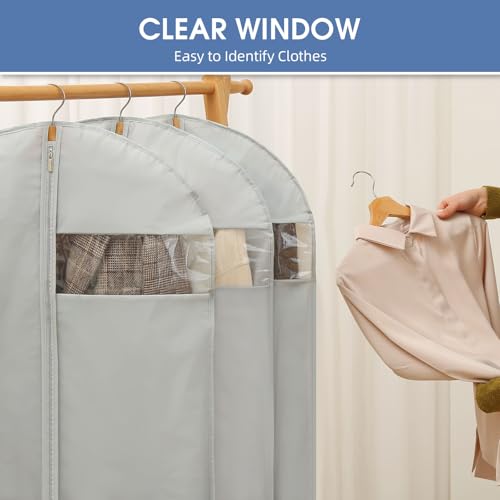 Perber Dress Bags for Gowns, 65'' Long Garment Bags for Hanging Clothes, Dress Garment Bag, Grey Dress Cover with Clear Window for Dresses, Coats, Uniforms - 5 Pack