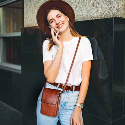 Iswee Brown Purse Leather Crossbody Bags for Women Anti-Theft Cell Phone Purse with Crossbody Strap Women’s Shoulder Bag(Brown)