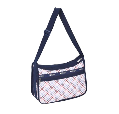 LeSportsac Modern Tattersall Deluxe Everyday Crossbody Bag + Cosmetic Bag, Style 7507/Color E839, Classic Navy & Bold Red Unite on Crisp White Bag, Modern Lilac Accent, Fun Interpretative Tartan Plaid