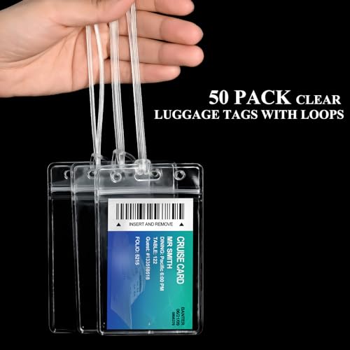 10 Pack Clear Plastic Luggage Bag Tag Holder Badge Label Tag Holder with 10 Pack Luggage Loops Straps for Office Business Travel Supplies