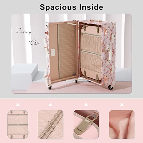 7998 3 Piece Vintage Suitcase Set Women Cute Carry on Luggage with Hat Box Cosmetic Case (pink floral, 26"+20"+12")