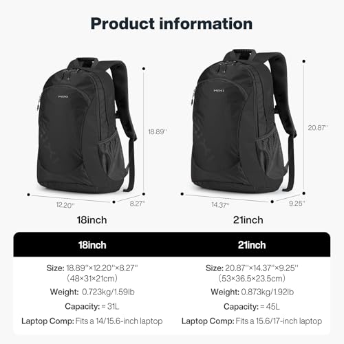 mixi 31L Ultra Lightweight Waterproof Travel Backpack, 18 inch Casual Daypack for Men Women, Durable Spacious Bag for Travel, Sports, Camping, Hiking & College, Black