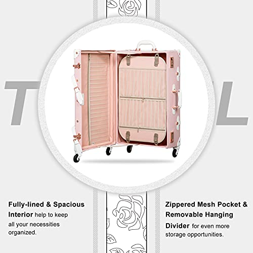 Unitravel Vintage Luggage Set, 3 Piece Retro Spinner Suitcase with Carry On Cosmetic Train Bag for Women (Embossed Pink, 26"+20"+12")