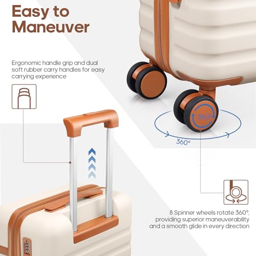 UKEIN Luggage Sets 3 Piece, Carry On Luggage 20In With Spinner Wheels,PC Hardside Suitcase Set with TSA Lock,Durable Carry On Suitcase With Travel Backpack for Men (Beige, 3 piece set (20inch))