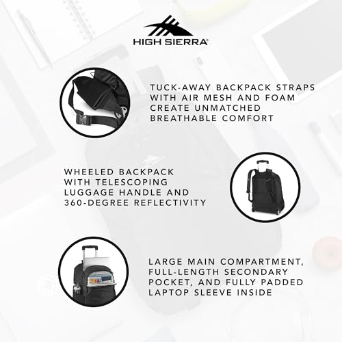 High Sierra Powerglide Pro Wheeled Backpack, Rolling Laptop Bag for Travel, Fits most 15.6” Laptops, 40L, Black