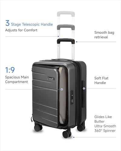 LUGGEX Carry On Luggage Top Opening, Expandable Polycarbonate Hard Shell Suitcase with Wheels (FX-Core, Charcoal Metallic, 20 Inch, 36L-41L)