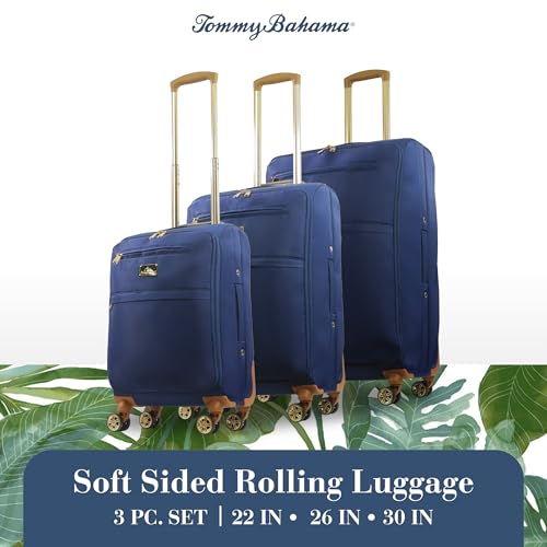 Tommy Bahama 3-Piece Rolling Luggage Set, Soft-Sided Suitcases with Wheels, 22, 26, and 30 Inch, Blue