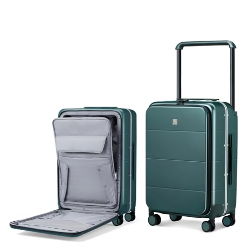 Hanke Wide Handle Luggage, 24 Inch Suitcase with Front Pocket, Top Open PC Hard Shell Suitcases with Spinner Wheels,Trunk Style Zipperless Aluminum Luggages Large Checked In(Blackish Green, 69L)