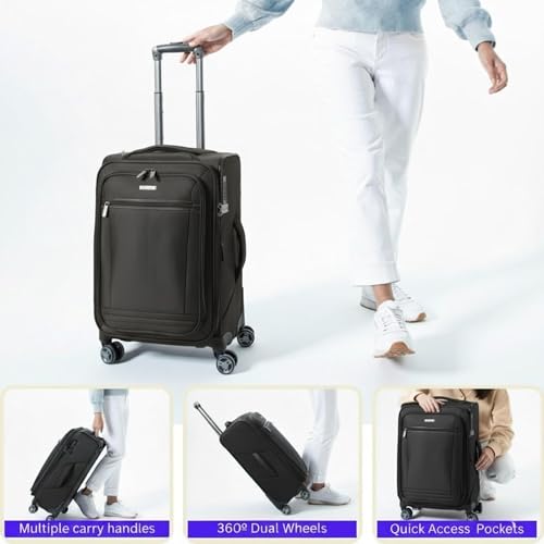 Ricardo Beverly Hills Avalon Softside Luggage Made with Sustainable 100% Recycled PET (rPET), Lightweight, Eco-Friendly Travel, Expandable, Dual Spinner Wheels, Black, 20-inch