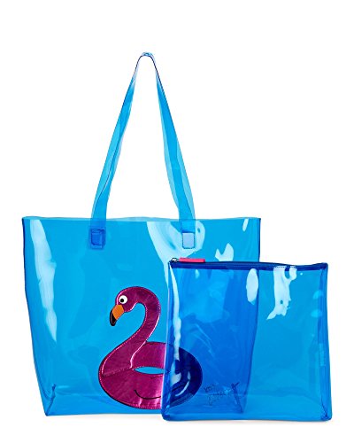 Luv Betsey Johnson Flamingo Beach Set, Waterproof Vinyl Tote, Ditty Pouch & 6 Ft Inflatable Float, Blue and Pink