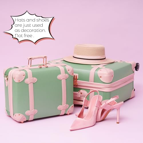 Miss.Box Vintage Carry On Luggage Set with Wheels for Women, Retro Trunk Style PU Leather Suitcase with Matching Vanity Case, 14” & 18” Set