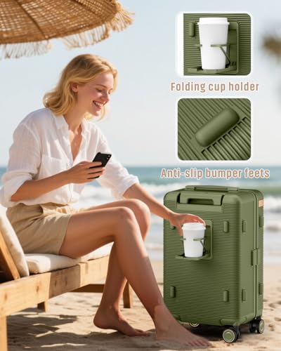 Joyway 22 Inch Carry on Luggage with Cup Holder, Hard Shell Carry-on Suitcases with Shock Absorbing Spinner Wheels, Lightweight Luggage with TSA Lock for Women Men, Green