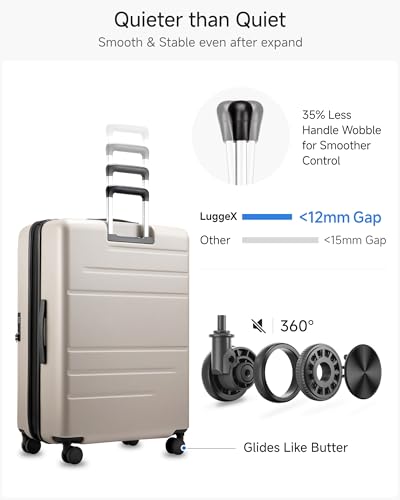LUGGEX Checked Suitcase with Spinner Wheels, FLO5 Top Opening Expandable Polycarbonate Hard Shell Suitcase with TSA Approved Lock (FX-Core, Beige, 28 Inch)
