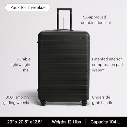 Away Large Checked Luggage - 29-Inch Lightweight Hardside Suitcase with Four WhisperGlide 360° Spinner Wheels, Interior Compression System, TSA-Accepted Lock - Jet Black