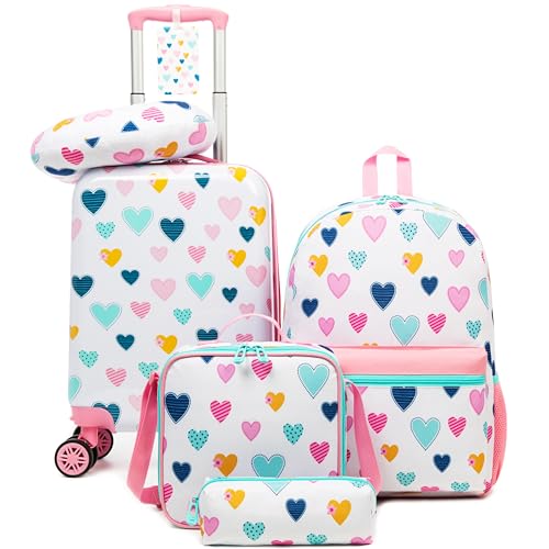 Esteemly Kid's Luggage Set 5 Piece Suitcase Set 16" Hardside Luggage with Spinner Wheels Girls Carry on Toddler Travel Rolling Suitcase with Neck Pillow Airline Approved