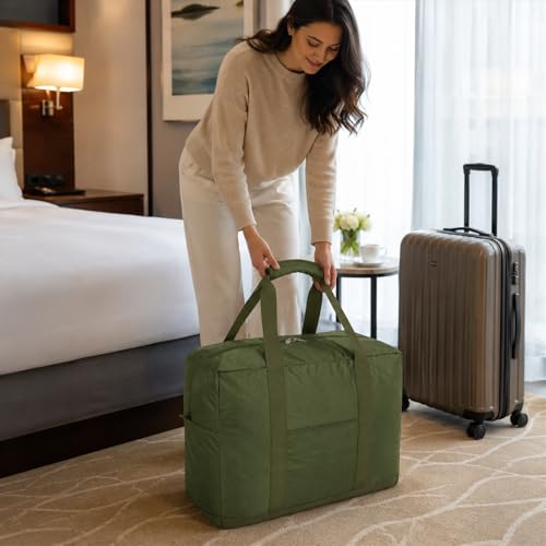 Vimapo Foldable Travel Duffle Bag with Trolley Sleeve 40L Capacity, Lightweight Packable Travel Duffel Bags with the Keyhole Zipper, Weekender Overnight Nylon Carry on Bag for Men & Women, Army Green