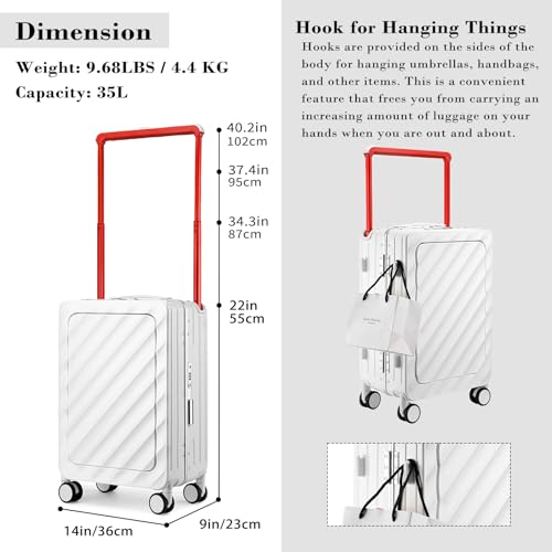 Somago Carry On Luggage Wide Handle 20 Inch Suitcase with Front Compartment Aluminum Framed PC Hardside 22x14x9 No Zipper Business Baggage with Spinner Wheels USB Charging Port TSA Lock