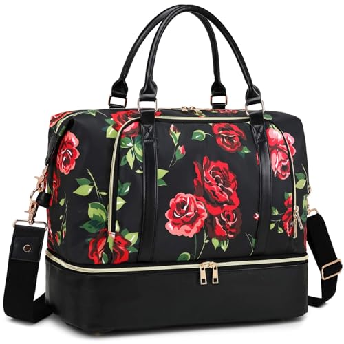 CAMTOP Women Ladies Travel Weekender Bag Overnight Duffel Carry-on Tote Bag fit 15.6 Inch Laptop Computer (6012/Flower with Shoe Compartment)