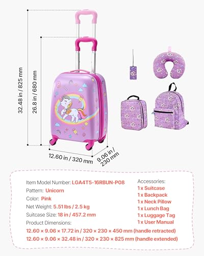VEVOR Kids Luggage Set, 5 Piece, 18 Inch Hardside Rolling Wheels Suitcase with Backpack & U-shape Pillow, Unicorn Kids Carry on Luggage Set, Holiday Birthday Gift for Girls Boys, Airline Approved