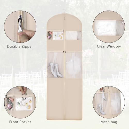 Zilink 72" Wedding Dress Garment Bag Dress Bags for Gowns Bridal Garment Bag for Long Dresses with 12”Gusseted and Accessory Pockets for Wedding Dress, Puffy Gowns [Upgraded Version], Beige