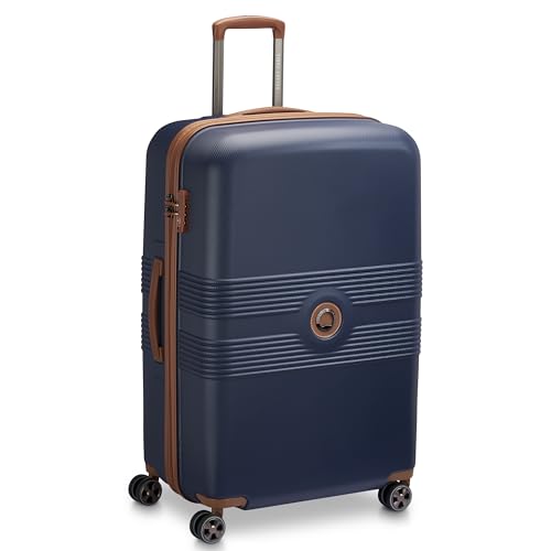 DELSEY PARIS Flanerie SE - Hardside Checked In Luggage 28 Inch - 360° Dual Spinner Wheels - TSA Lock - Lightweight Polycarbonate Travel Suitcase with Vegan Leather, Blue