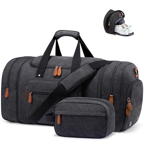 Sucipi Canvas Travel Duffel Bag for Men, Weekend Overnight Bag with Shoe Compartment and Toiletry Bag, Carry-On for Airplanes, Dark Grey