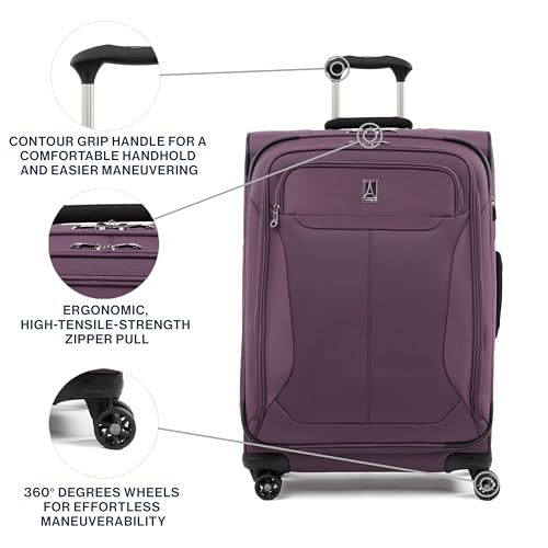 Travelpro Tourlite Softside 25" Expandable Luggage with 4 Spinner Wheels, Lightweight Suitcase, Checked Medium, Deep Purple