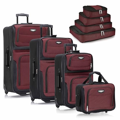 Travel Select Amsterdam Softside Expandable Luggage with Rolling Wheels, Red, 8-Piece Set (15/21/25/29) with Packing Cubes