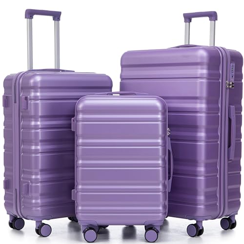 Hardshell Luggage Sets, Lightweight Stripes Suitcases with Spinner Wheels, Purple-181