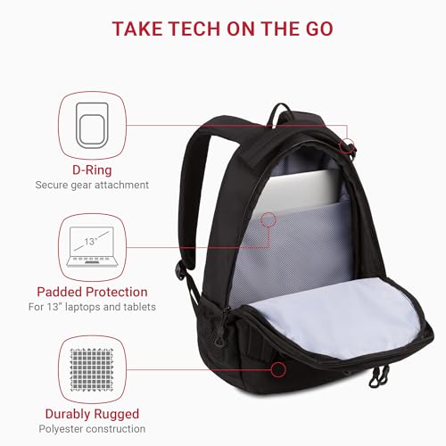 SwissGear 1186 Special Edition 13” Laptop Backpack Black – Compact Tech Bag with Reflective Accents – Multiple Organizer Pockets with Bungee Cords & D-ring Attachment Point