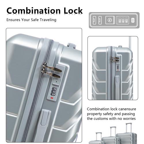 Hardside Luggage Sets, Lightweight Stripes Suitcase with Spinner Wheels, Sliver-220