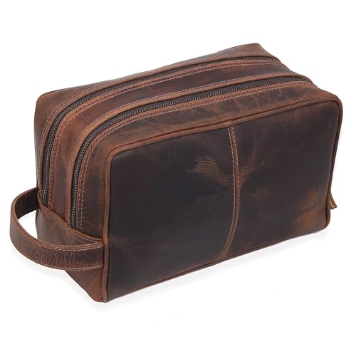 VC VINTAGE COUTURE Genuine Leather Toiletry Bag for Men Extra Large Leather Men's Toiletry Bag for Traveling Real Leather Dopp Kit for Men Shaving Bag for Travel (Men's Toiletry Bag 2, BROWN)