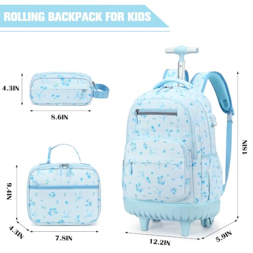 ACESAK Rolling Backpack for Girls - Roller Wheels School bag with Lunch Bag & Pencil Pouch for Teen Girls Kids Wheeled Suitcase Backpacks, Elementary Middle School Travel Daypack (Blue Bow)