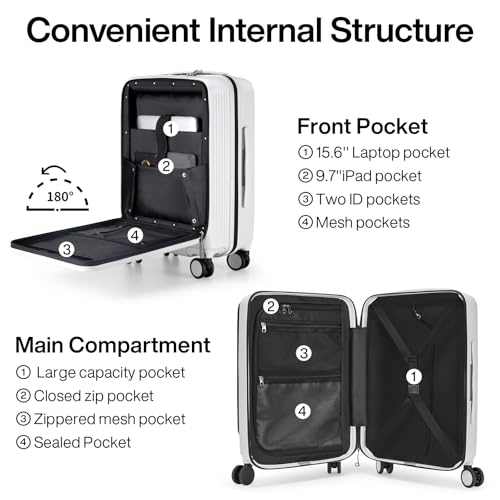 Hanke Carry On Luggage with Wheels, 20 Inch Hard Shell Suitcases TSA Approved Travel Luggage Carry-On Hard Case Luggage,Smoke White
