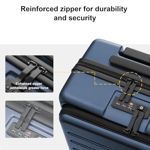 LEVEL8 Road Runner Carry On Luggage with Front Compartment, 20 Inch Lightweight Hard Shell Suitcases with Wheels Airline Approved, Tsa Locks for Luggage, Blue,21.46" x 14.57" x 9.45"