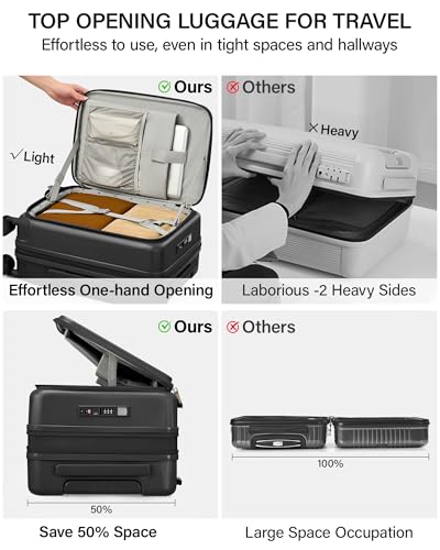 Hanke 20 Inch Expandable Carry On Luggage with Cup Holder 22x14x9 Airline Approved, Top Opening Hard Shell Suitcases with Wheels, Carry-On Travel Suitcase Trunk Luggage with Lock, Jet Black