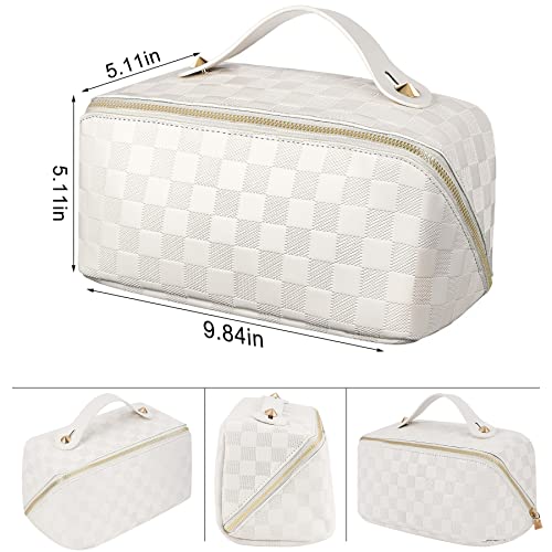 ALEXTINA Travel Makeup Bag, Large Capacity Cosmetic Bag for Women, Open Flat Make up Bag, Waterproof PU Leather Checkered Makeup Organizer Bag with Collapsible Handle,Toiletry Bag for Cosmetics, White